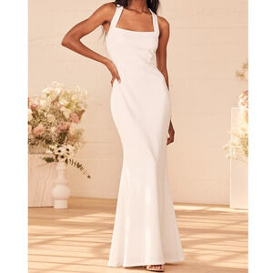 LULU'S S White Pure Romance Sleeveless Square Neck Mermaid Maxi Dress NEW B168